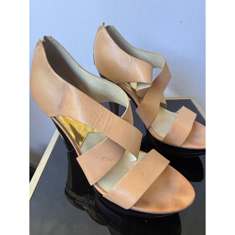 Michael Kors Tan Leather Crisscross Platform Sandals Gold Zip High Heels Womens - Picture 2 of 6